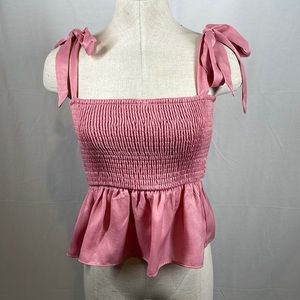 Lovers + Friends pink smocked shoulder bow tie crop top small